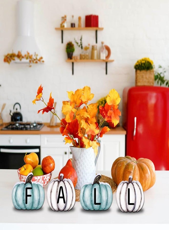 YUJUN 4 Pieces Fall Pumpkin Wooden Signs Decoration,Blue Autumn Tiered Tray Pumpkin Tabletop Decor for Thanksgiving Fall Home Kitchen Harvest Party Decor Supplies - Image 4